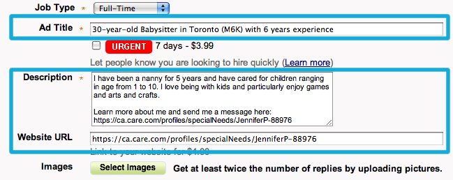 Add you job title, description and image from our Care.com profile