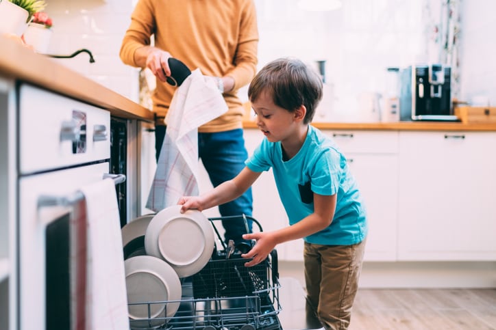 Father and son doing the housework together