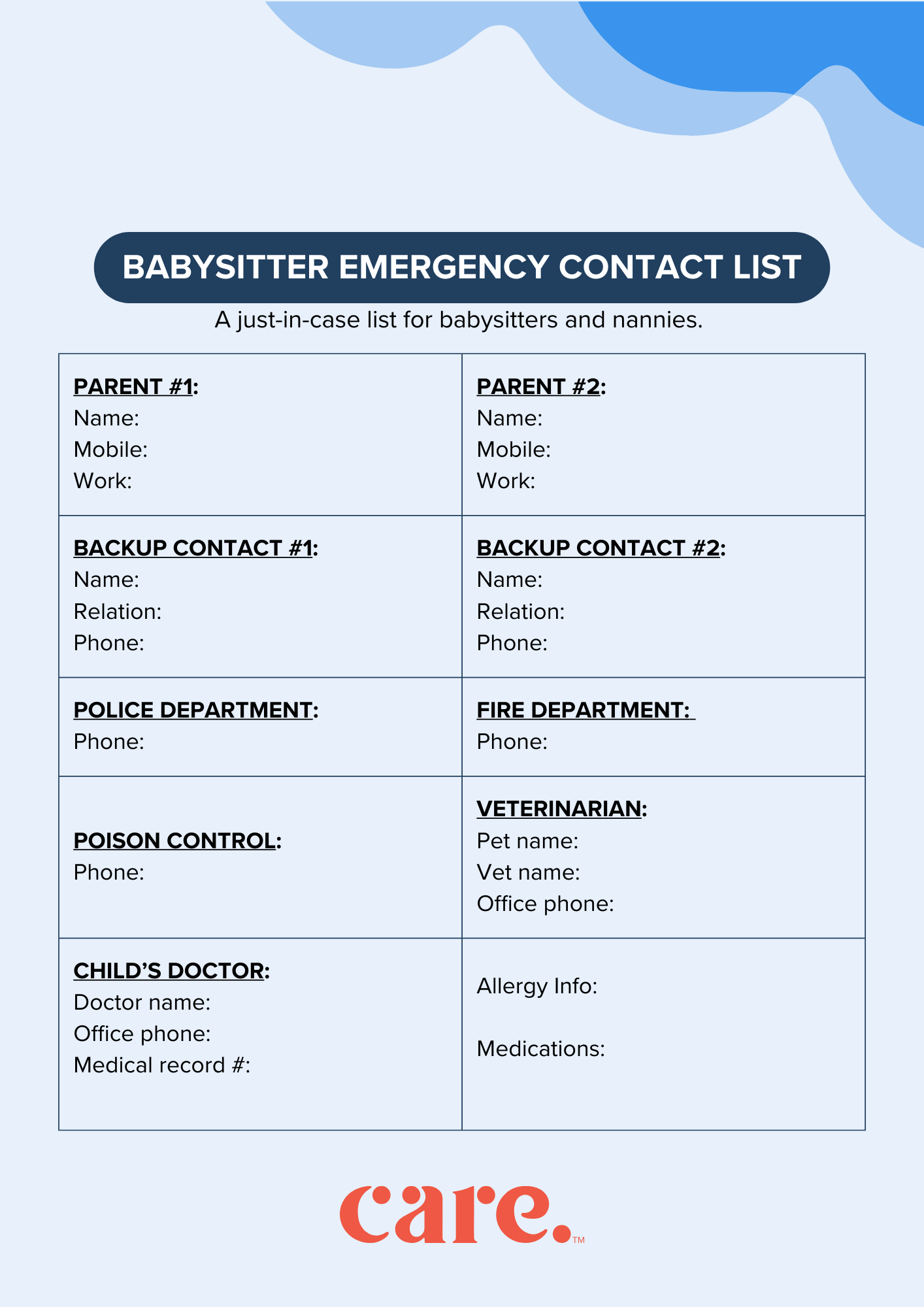 Babysitter emergency contact template free